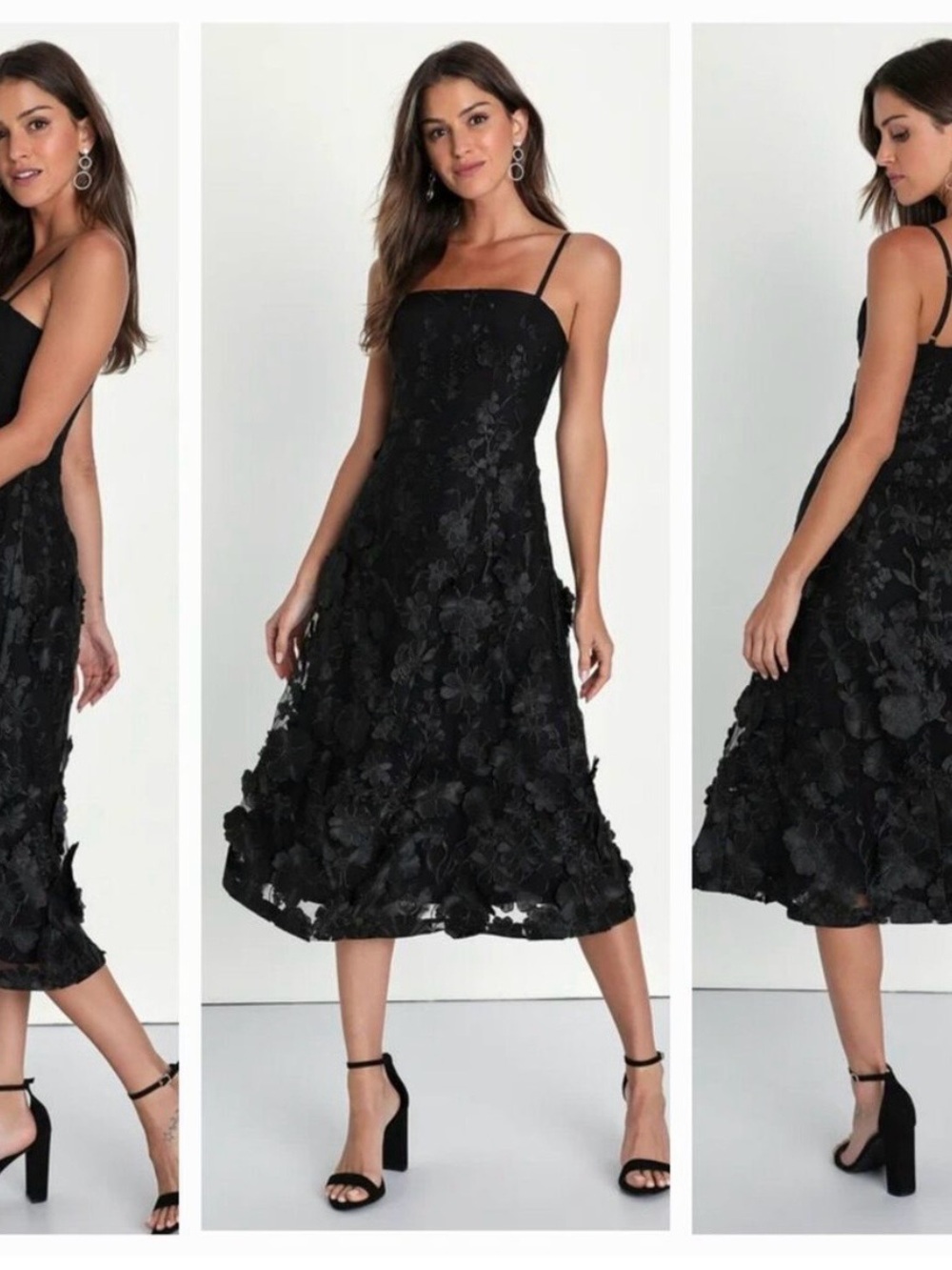 Lulu's Black Floral Appliqué Midi Dress with Spaghetti Straps